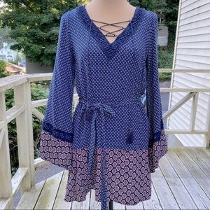 Boho Navy & Paisley Pink Accents Flowy Tunic Mini Dress Size XS